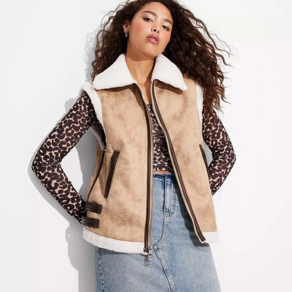 Wild Fable Faux Suede Shearling Aviator‎ Vest Tan Brown Buckle Detail Womens XL
